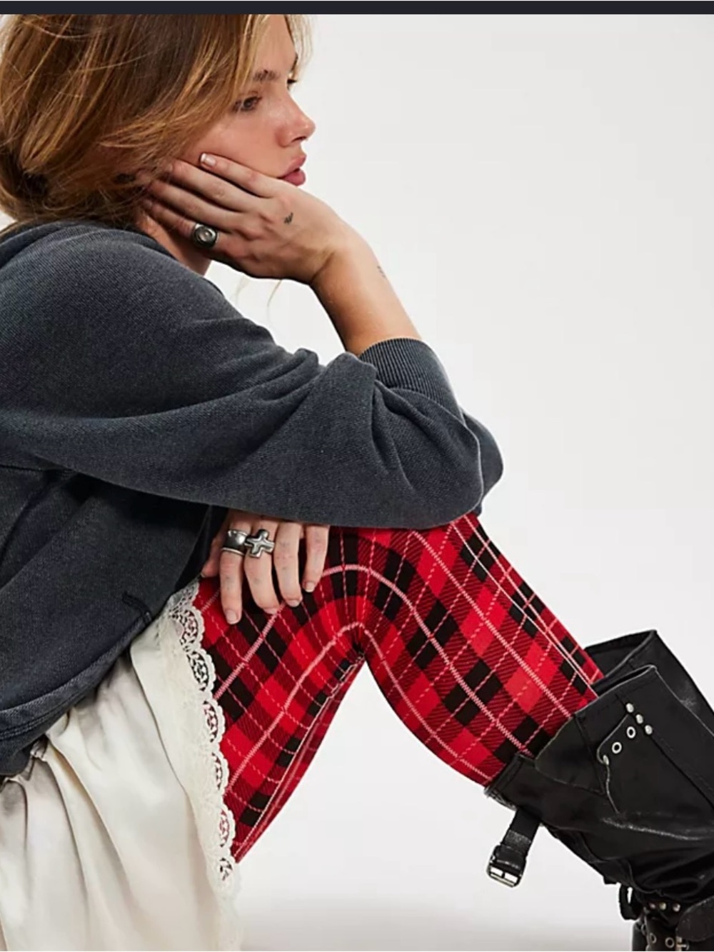 Free People Highland Hues Tartan Red and Black Plaid Tights